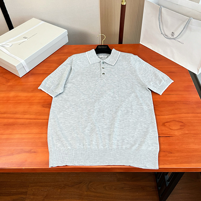 brunello cucinelli fine knit contrast trim short sleeve polo shirt